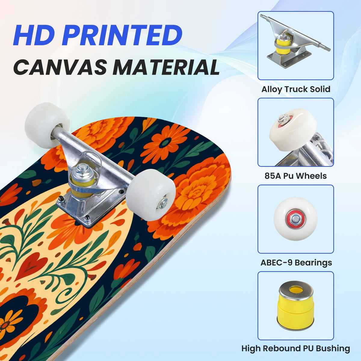 31"x8" Complete Skateboards for Beginners, Colorful Sugar Skull Vibrant Floral Day of the Dead Double Kick 7 Ply Canadian Maple Deck Skateboard with Wheels, Gifts for Kids Teens