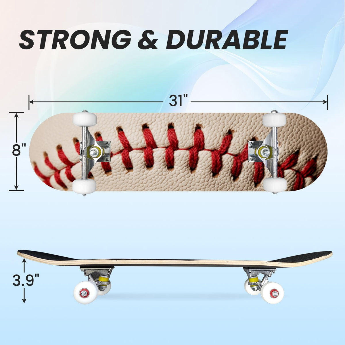 31"x8" Complete Skateboards for Beginners,Close up Baseball Red Stitches Leather Double Kick 7 Ply Canadian Maple Deck Skateboard with Wheels, Sports Gifts for Kids Teens
