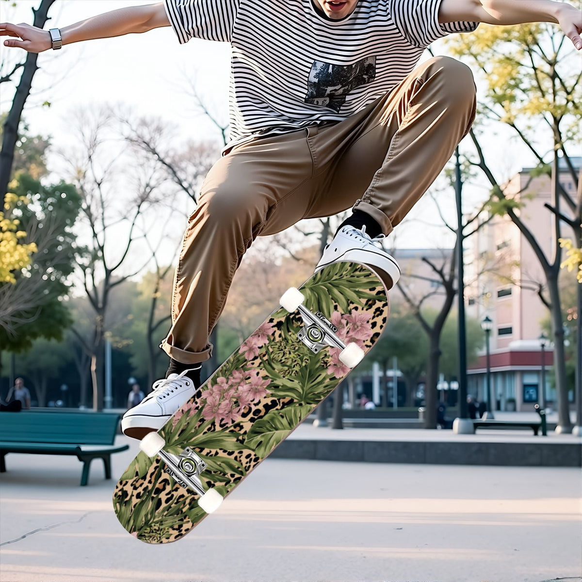 31"x8" Complete Skateboards for Beginners,Black Leopard Print Grey Double Kick 7 Ply Canadian Maple Deck Skateboard with Wheels, Gifts for Kids Teens