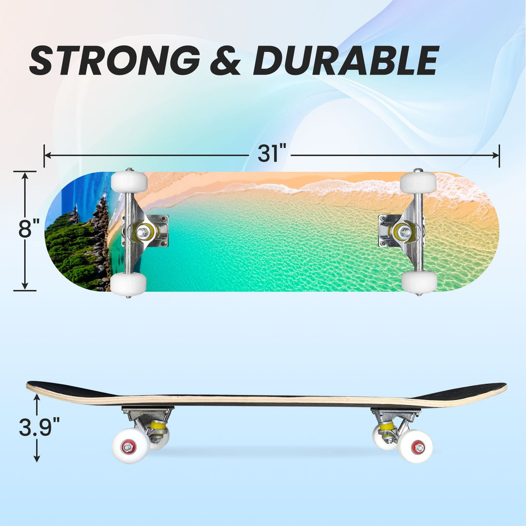 31"x8" Complete Skateboards for Beginners, Idyllic Tropical Beach Turquoise Water Golden Sand Shoreline Double Kick 7 Ply Canadian Maple Deck Skateboard with Wheels, Gifts for Kids Teens