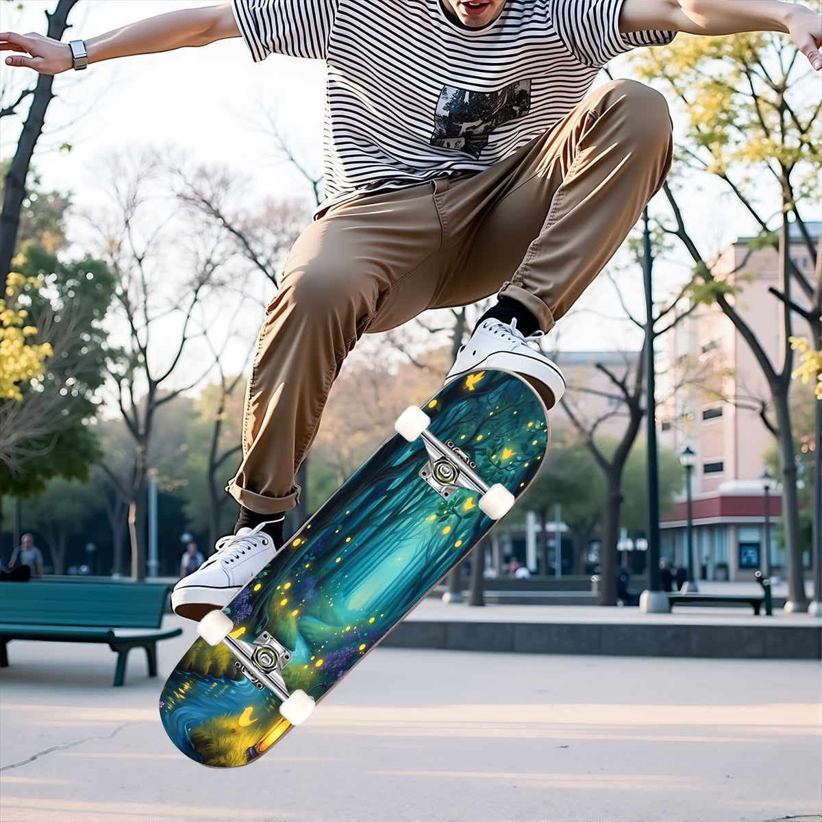 31"x8" Complete Skateboards for Beginners, Magical Forest Glowing Mushrooms Twinkling Fantasy Double Kick 7 Ply Canadian Maple Deck Skateboard with Wheels, Gifts for Kids Teens