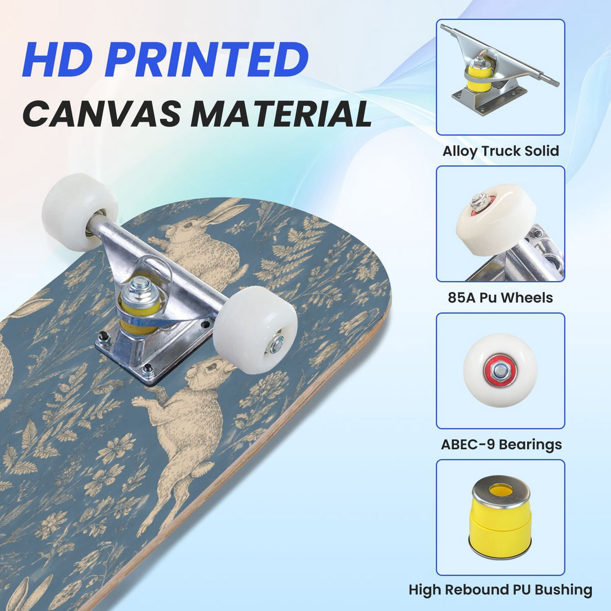 31"x8" Complete Skateboards for Beginners,Seamless Blue Watercolor Crabs Floral Accents Light Double Kick 7 Ply Canadian Maple Deck Skateboard with Wheels, Gifts for Kids Teens