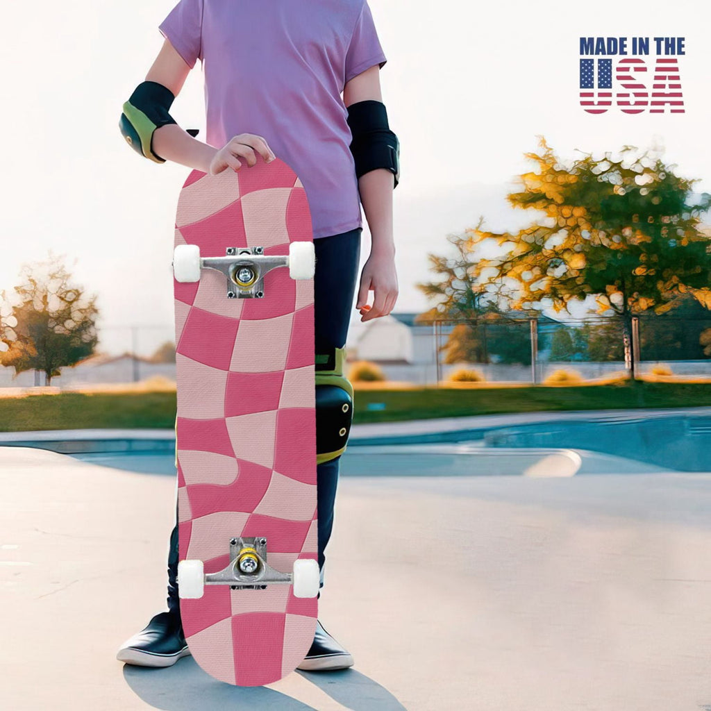 31"x8" Complete Skateboards for Beginners,Mint Green White Plaid Tartan Subtle Double Kick 7 Ply Canadian Maple Deck Skateboard with Wheels, Gifts for Kids Teens
