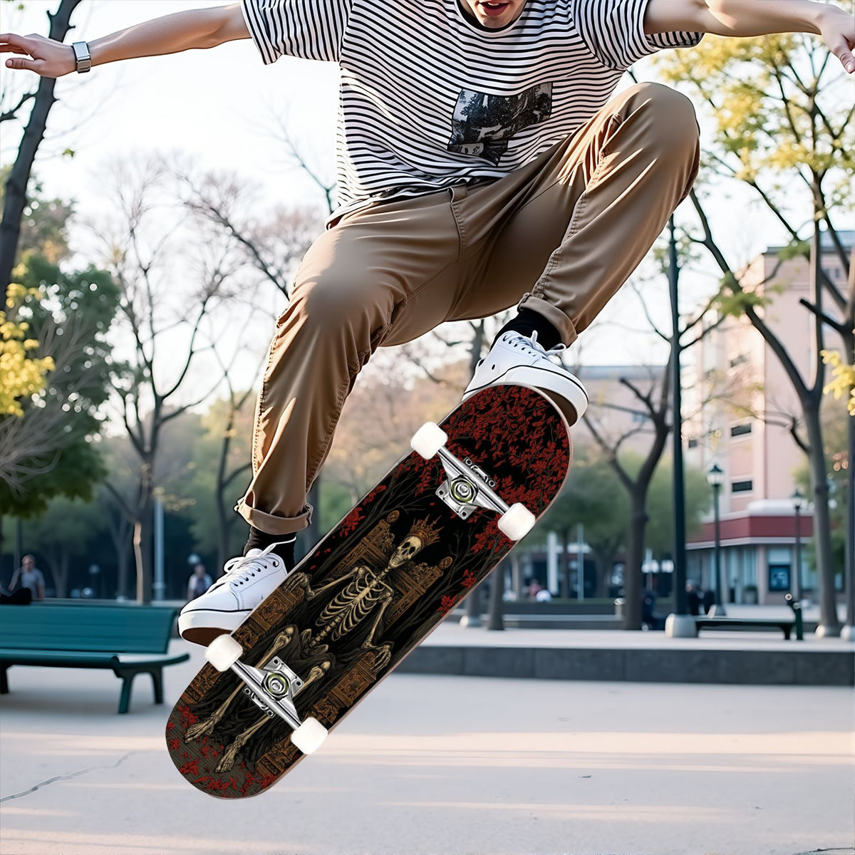 31"x8" Complete Skateboards for Beginners, Romantic Skeletons Blooming Roses Dark Academia Double Kick 7 Ply Canadian Maple Deck Skateboard with Wheels, Gifts for Kids Teens