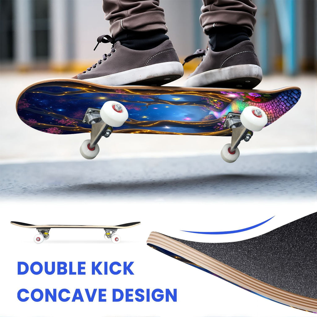 31"x8" Complete Skateboards for Beginners, Magical Forest Glowing Mushrooms Twinkling Fantasy Double Kick 7 Ply Canadian Maple Deck Skateboard with Wheels, Gifts for Kids Teens