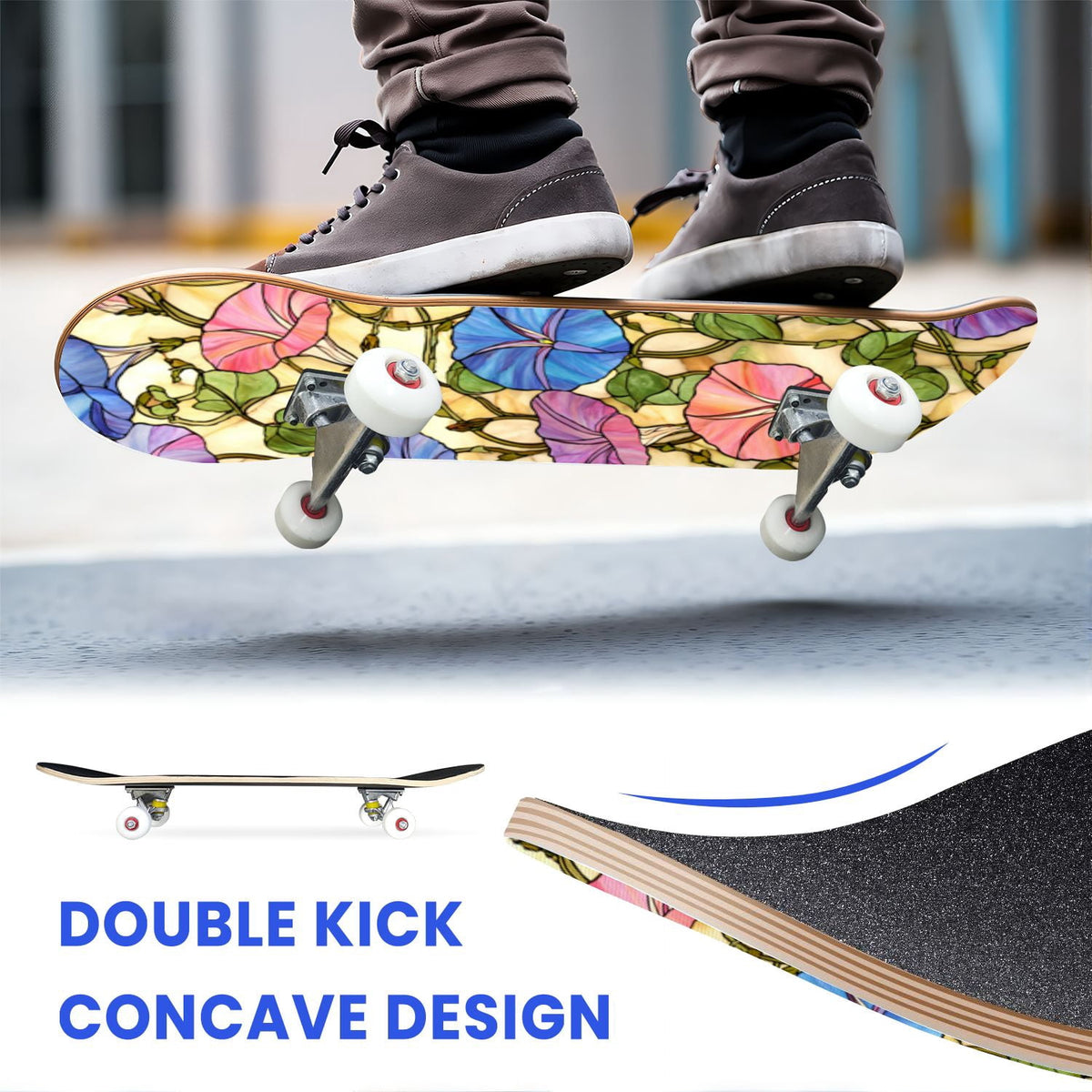 31"x8" Complete Skateboards for Beginners,Cartoon Hand Drawn Ice Cream Doodles Seamless Cones Cupcakes Double Kick 7 Ply Canadian Maple Deck Skateboard with Wheels, Gifts for Kids Teens
