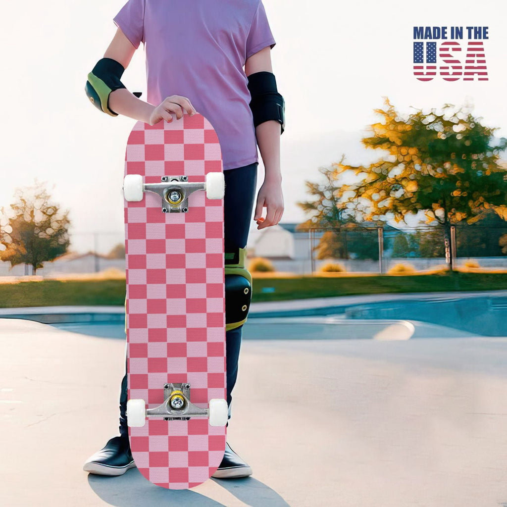 31"x8" Complete Skateboards for Beginners,Black Pink Checkered Retro Aesthetic Double Kick 7 Ply Canadian Maple Deck Skateboard with Wheels, Gifts for Kids Teens