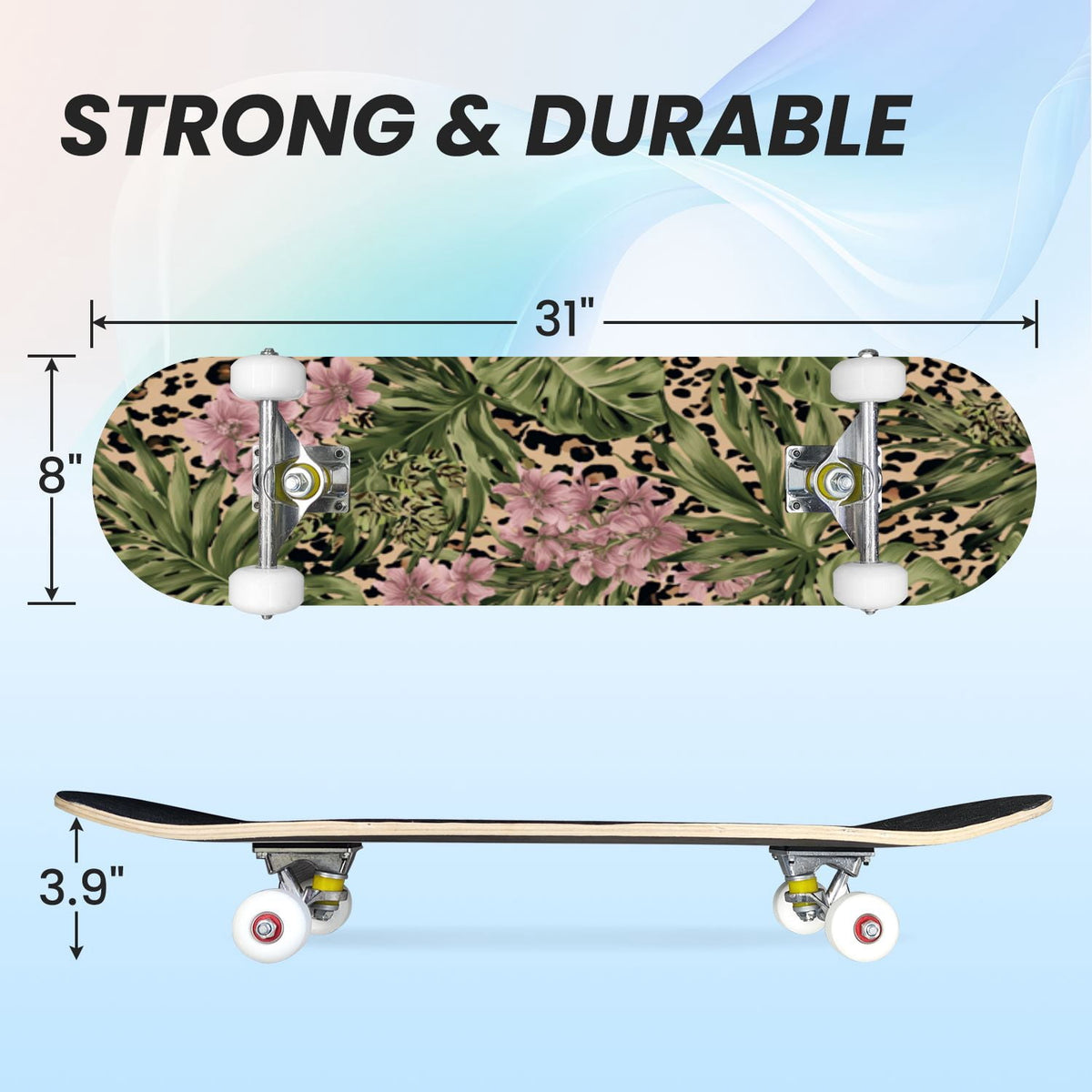 31"x8" Complete Skateboards for Beginners,Black Leopard Print Grey Double Kick 7 Ply Canadian Maple Deck Skateboard with Wheels, Gifts for Kids Teens