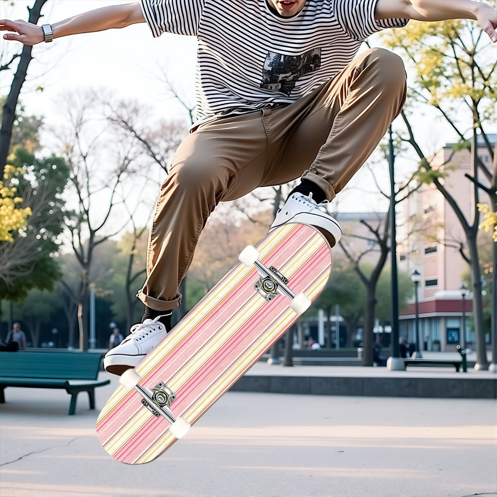 31"x8" Complete Skateboards for Beginners,Watercolor Watermelon Slices Pink Striped Double Kick 7 Ply Canadian Maple Deck Skateboard with Wheels, Gifts for Kids Teens