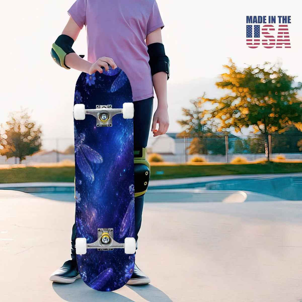 31"x8" Complete Skateboards for Beginners, Blue Moth Moonlight Flowers Mushrooms Forest Double Kick 7 Ply Canadian Maple Deck Skateboard with Wheels, Gifts for Kids Teens
