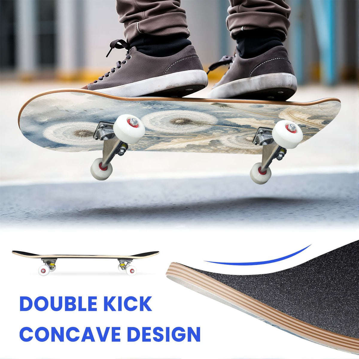 31"x8" Complete Skateboards for Beginners,Blue White Vintage Floral Roses Ornate Swirls Double Kick 7 Ply Canadian Maple Deck Skateboard with Wheels, Gifts for Kids Teens