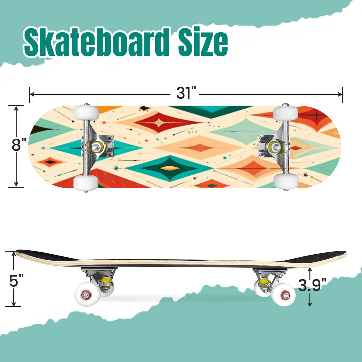 Vintage Movie Theater Classic Cinema 31" x 8" Complete Skateboard, 7-Ply Canadian Maple Double Kick Trick Board for Kids and Beginners Adult Gifts