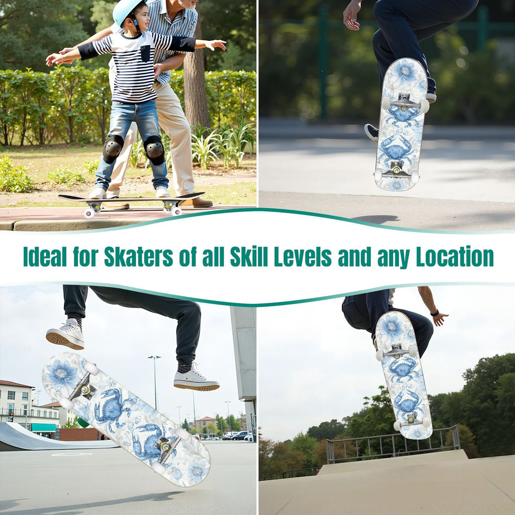 Tropical Jungle Leaf Teal Green Botanical 31" x 8" Complete Skateboard, 7-Ply Canadian Maple Double Kick Trick Board for Kids and Beginners Adult Gifts