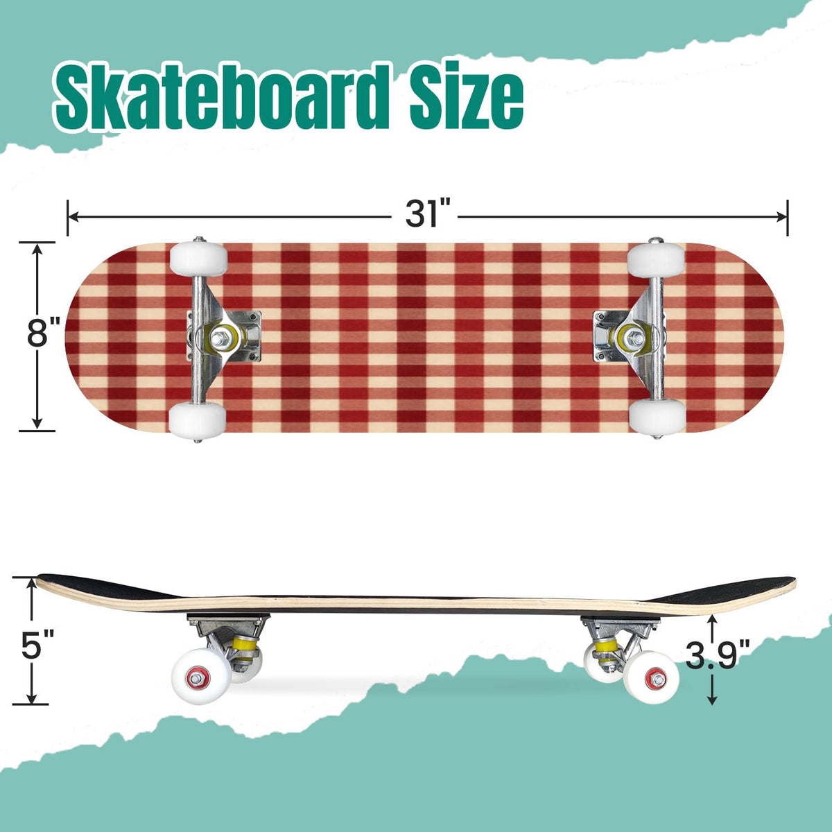 White Birch Tree Bark Natural Knots Horizontal Lines 31" x 8" Complete Skateboard, 7-Ply Canadian Maple Double Kick Trick Board for Kids and Beginners Adult Gifts