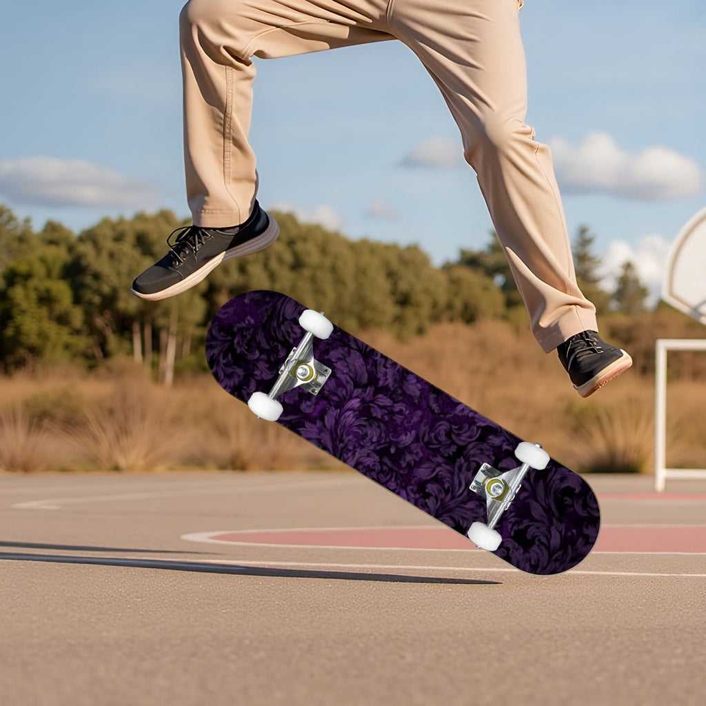 Elegant Purple Damask 31" x 8" Complete Skateboard, 7-Ply Canadian Maple Double Kick Trick Board for Kids and Beginners Adult Gifts