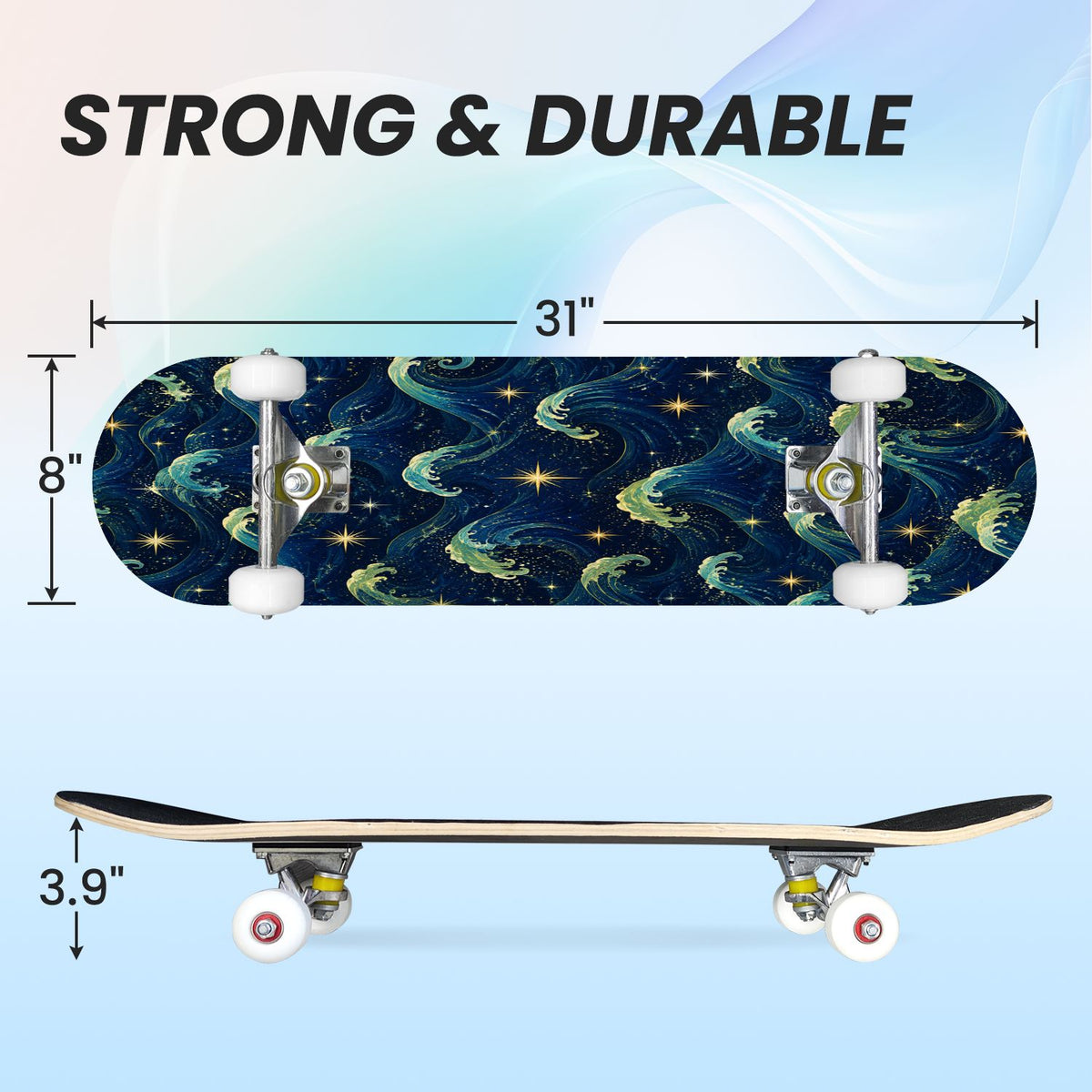 31"x8" Complete Skateboards for Beginners, Colorful Turtle Floral Shell Starry Night Marine Life Double Kick 7 Ply Canadian Maple Deck Skateboard with Wheels, Gifts for Kids Teens