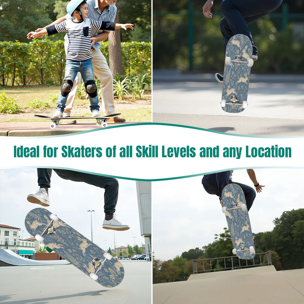 31"x8" Complete Skateboards for Beginners,Seamless Blue Watercolor Crabs Floral Accents Light Double Kick 7 Ply Canadian Maple Deck Skateboard with Wheels, Gifts for Kids Teens