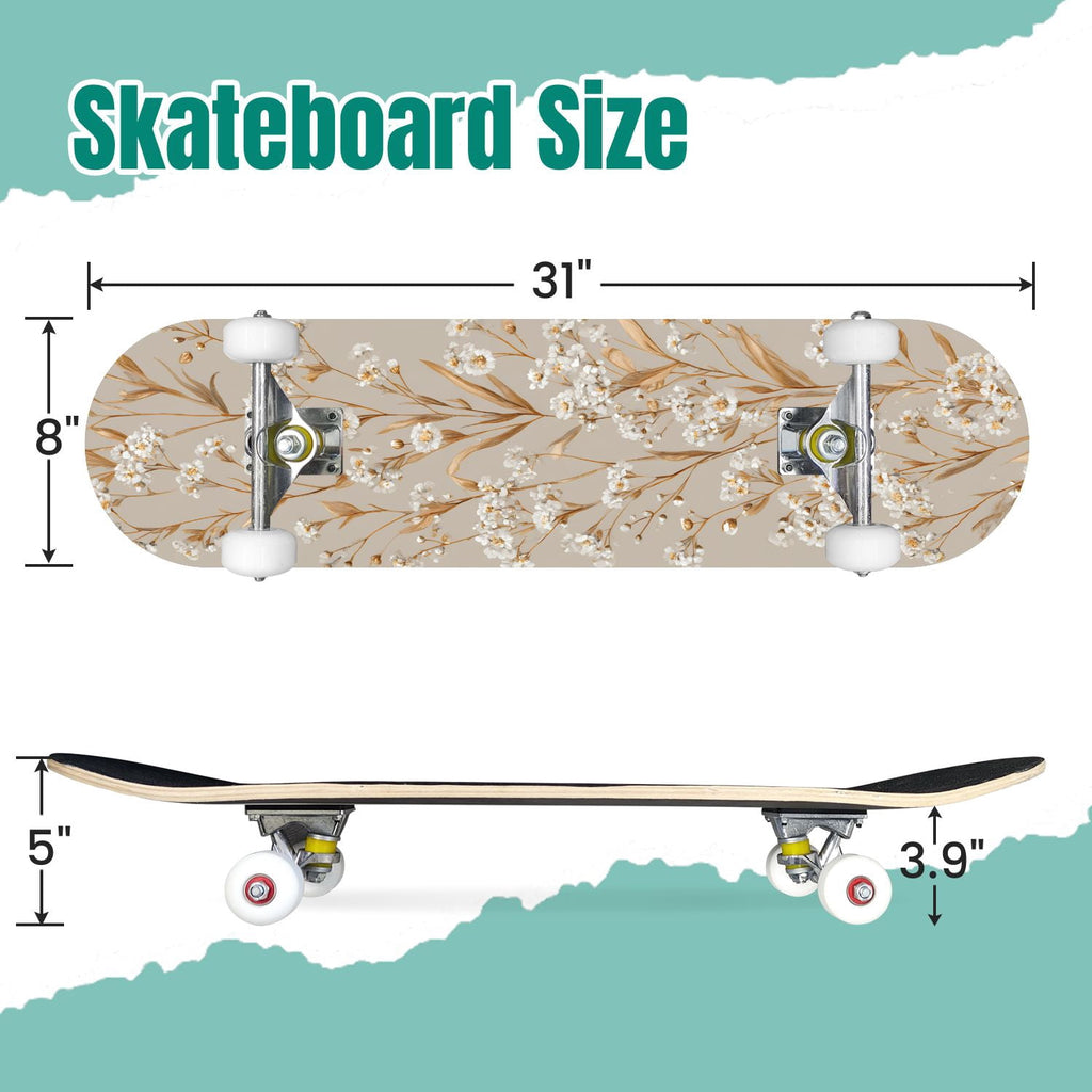 Monstera Leaves Leopard Print Seamless Earth Tones 31" x 8" Complete Skateboard, 7-Ply Canadian Maple Double Kick Trick Board for Kids and Beginners Adult Gifts