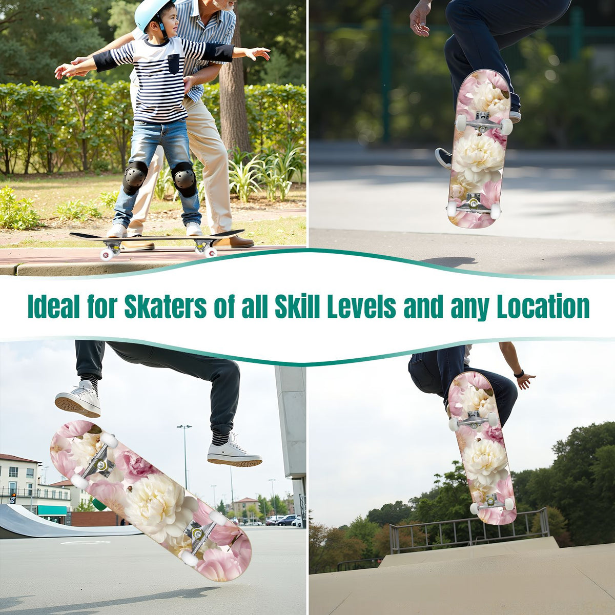 Watercolor Botanical Blue Green Leaves Flowers 31" x 8" Complete Skateboard, 7-Ply Canadian Maple Double Kick Trick Board for Kids and Beginners Adult Gifts