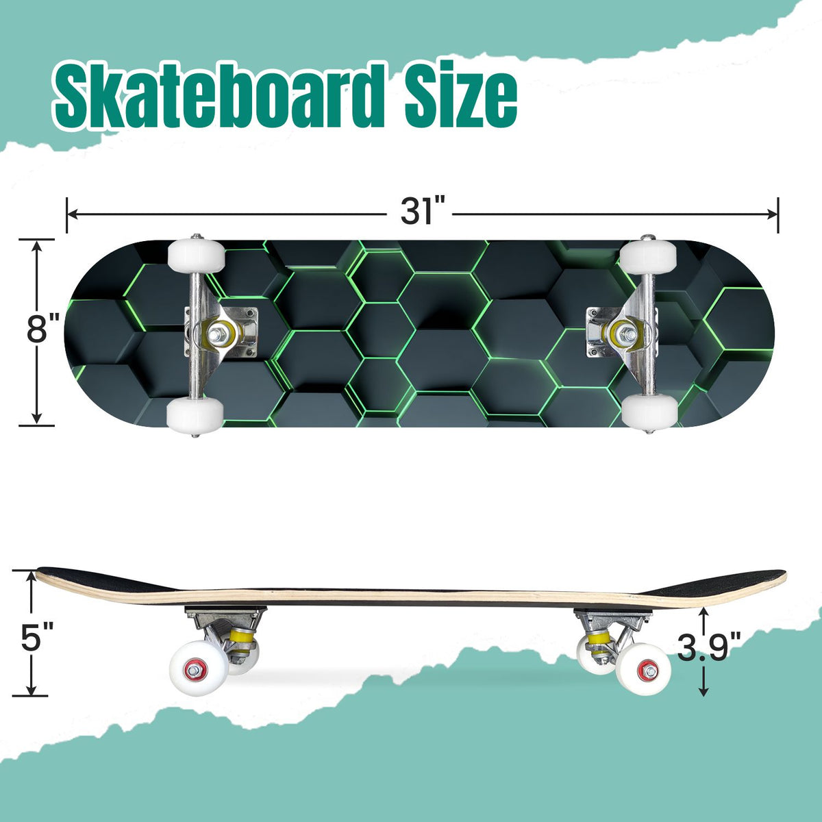 Futuristic Hexagonal Metallic Blue Glowing Orange Highlights 31" x 8" Complete Skateboard, 7-Ply Canadian Maple Double Kick Trick Board for Kids and Beginners Adult Gifts