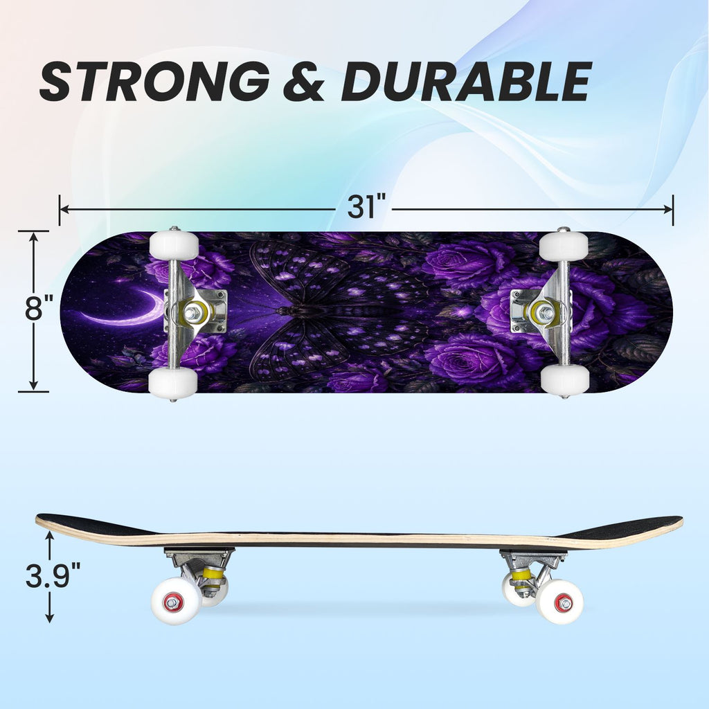 31"x8" Complete Skateboards for Beginners, Mystical Purple Butterfly Glowing Mushrooms Under Full Moon Double Kick 7 Ply Canadian Maple Deck Skateboard with Wheels, Gifts for Kids Teens