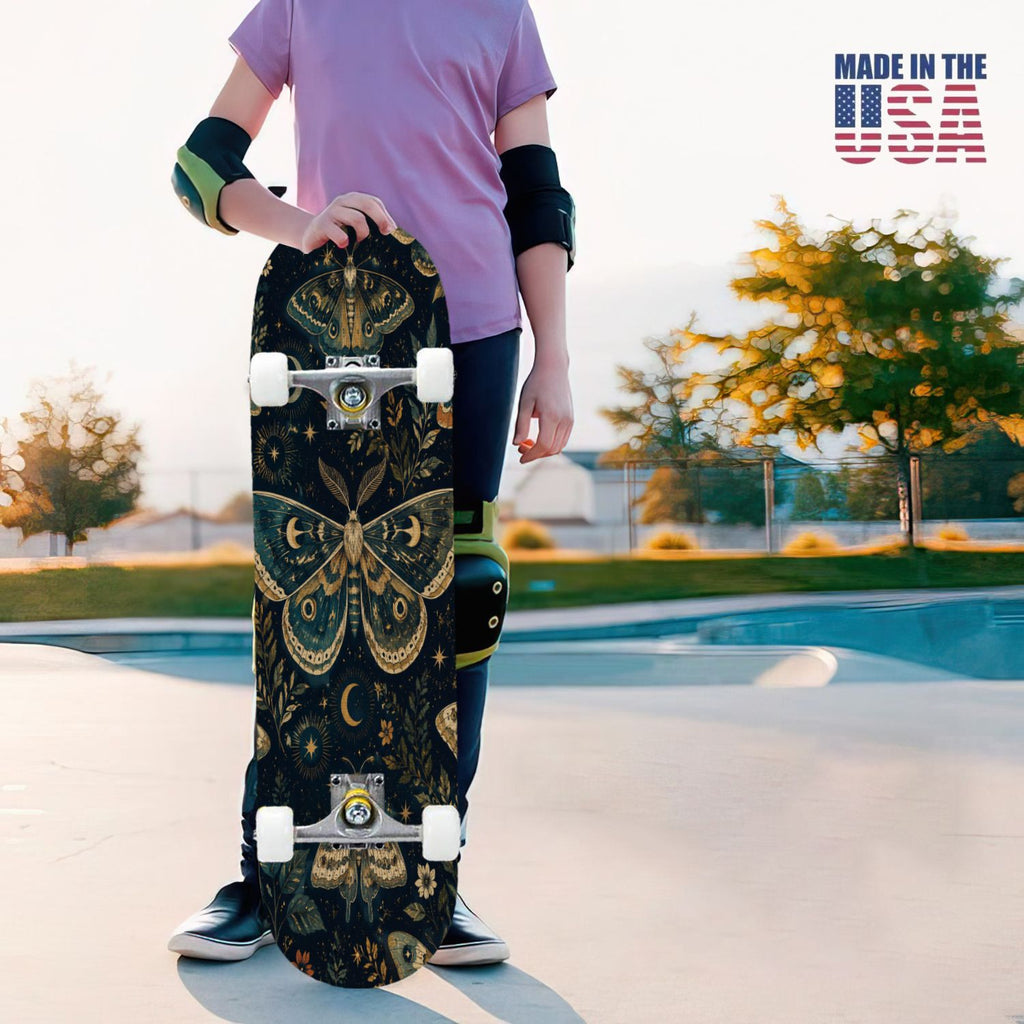 31"x8" Complete Skateboards for Beginners, Colorful Butterfly Blooming Flowers Under Full Moon Starry Double Kick 7 Ply Canadian Maple Deck Skateboard with Wheels, Gifts for Kids Teens