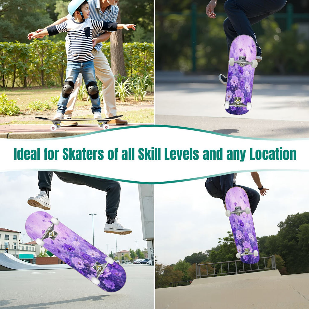 31"x8" Complete Skateboards for Beginners, Purple White Cosmos Flowers Butterflies Watercolor Double Kick 7 Ply Canadian Maple Deck Skateboard with Wheels, Gifts for Kids Teens