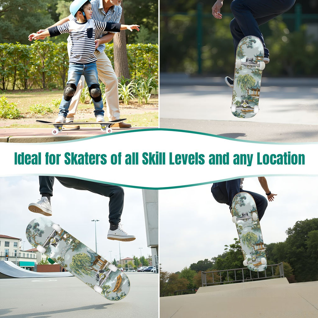 Vintage Damask Light Blue Brown Tones 31" x 8" Complete Skateboard, 7-Ply Canadian Maple Double Kick Trick Board for Kids and Beginners Adult Gifts