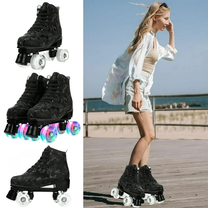 JieC Roller Skates, Adjustable Roller Skates with Glowing Wheels, for Girls, Teenagers, Black (Women‘s 9.5 / Men‘s 8.5)