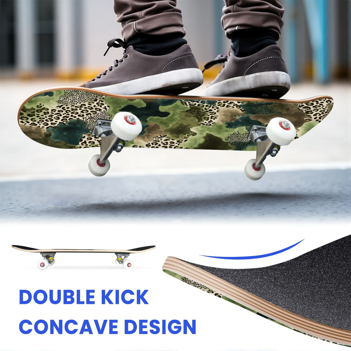 31"x8" Complete Skateboards for Beginners,Abstract Natural Earthy Tones Brush Strokes Camouflage Double Kick 7 Ply Canadian Maple Deck Skateboard with Wheels, Gifts for Kids Teens