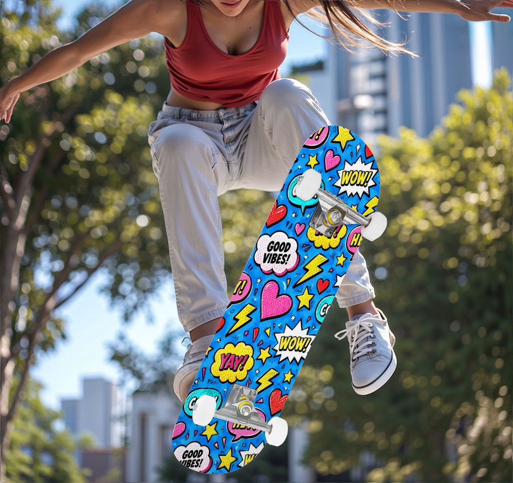 Complete Skateboard Colorful Heart Swirls 31 Inch 7-Ply Maple Skateboard with PU Wheels and Aluminum Trucks, Ready-to-Ride Skateboard for Beginners, Teens and Adults