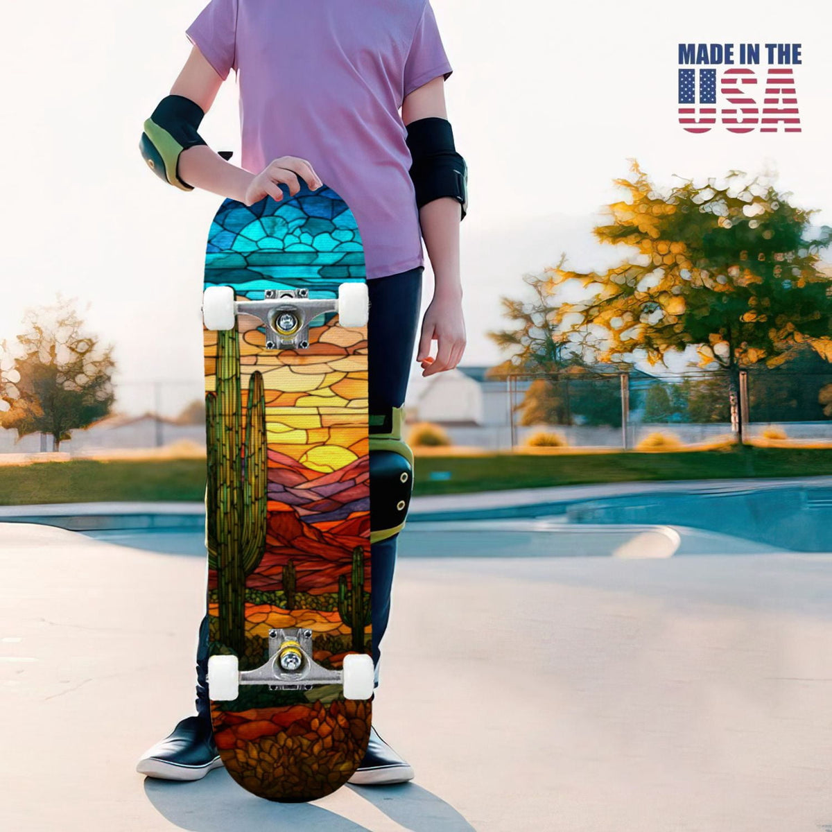 31"x8" Complete Skateboards for Beginners, Vibrant Stained Glass Window Butterflies Flowers Double Kick 7 Ply Canadian Maple Deck Skateboard with Wheels, Gifts for Kids Teens