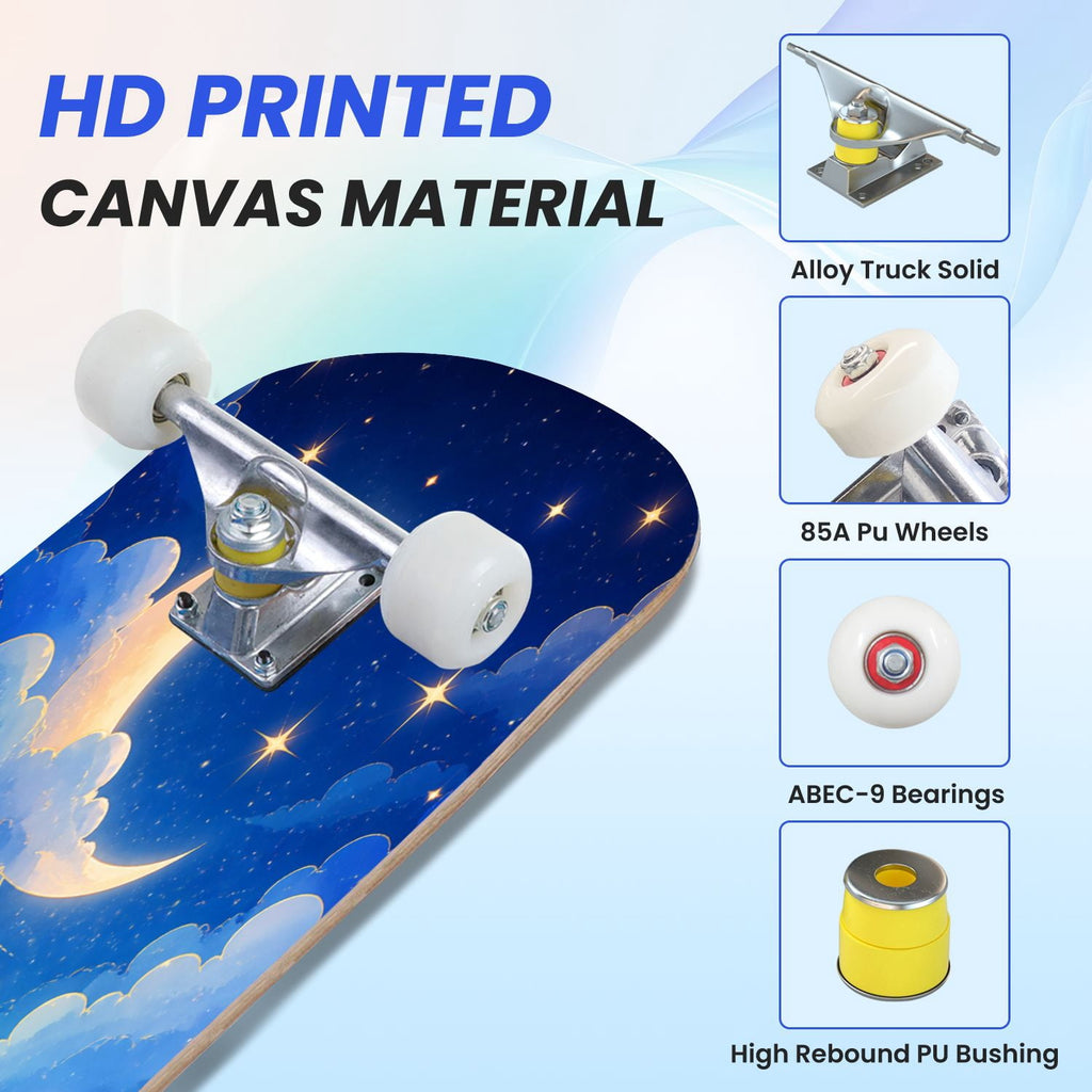 31"x8" Complete Skateboards for Beginners,Blue White Vintage Floral Roses Ornate Swirls Double Kick 7 Ply Canadian Maple Deck Skateboard with Wheels, Gifts for Kids Teens