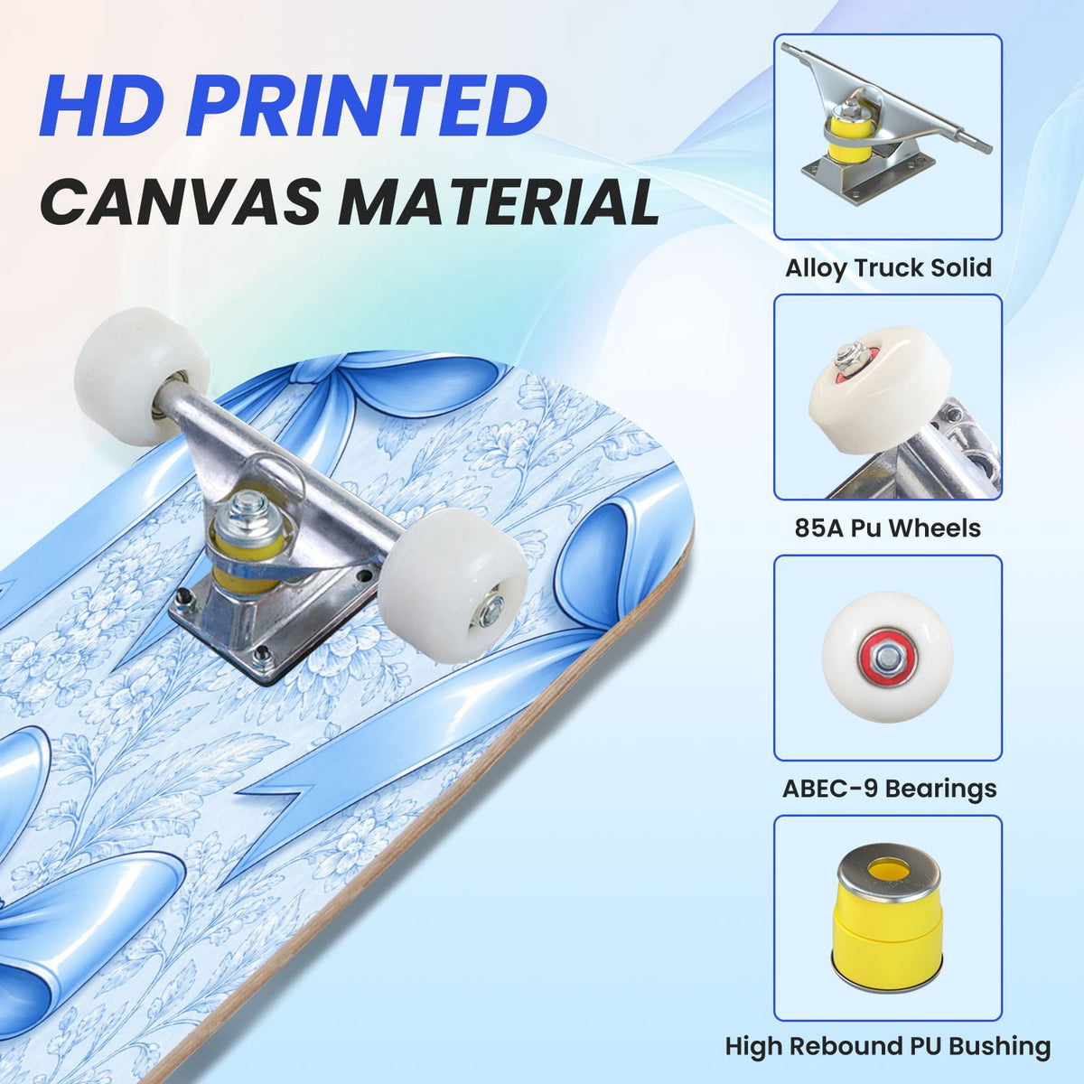 31"x8" Complete Skateboards for Beginners,Elegant White Blue Flowers Soft Petals Dreamy Artistic Double Kick 7 Ply Canadian Maple Deck Skateboard with Wheels, Gifts for Kids Teens