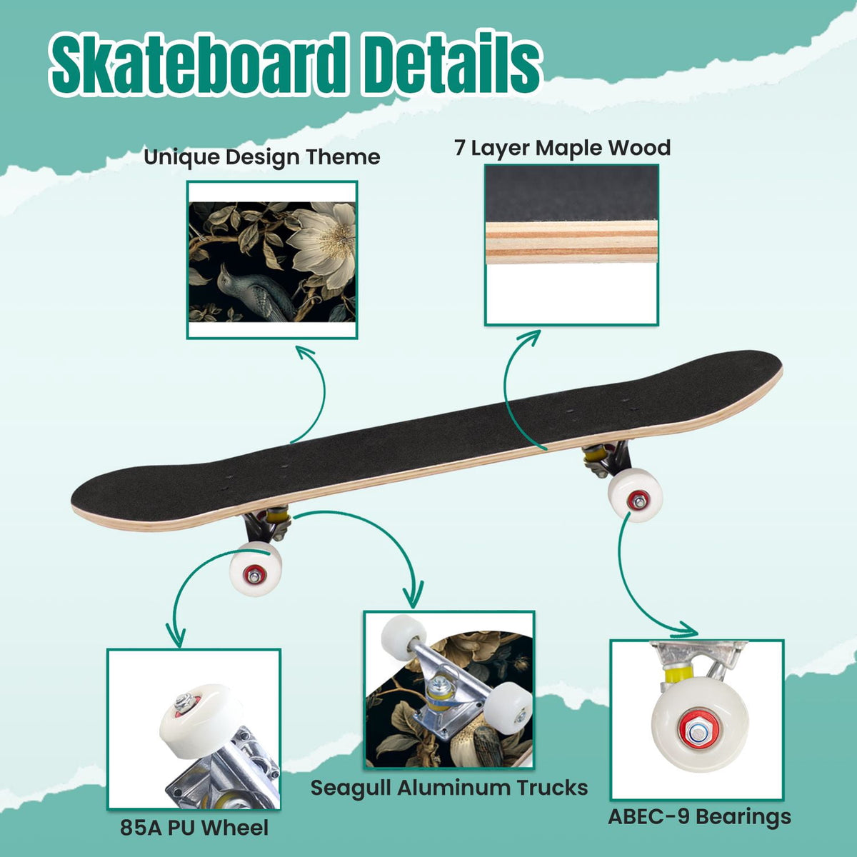Buffalo Tan Grass Illustrations 31" x 8" Complete Skateboard, 7-Ply Canadian Maple Double Kick Trick Board for Kids and Beginners Adult Gifts