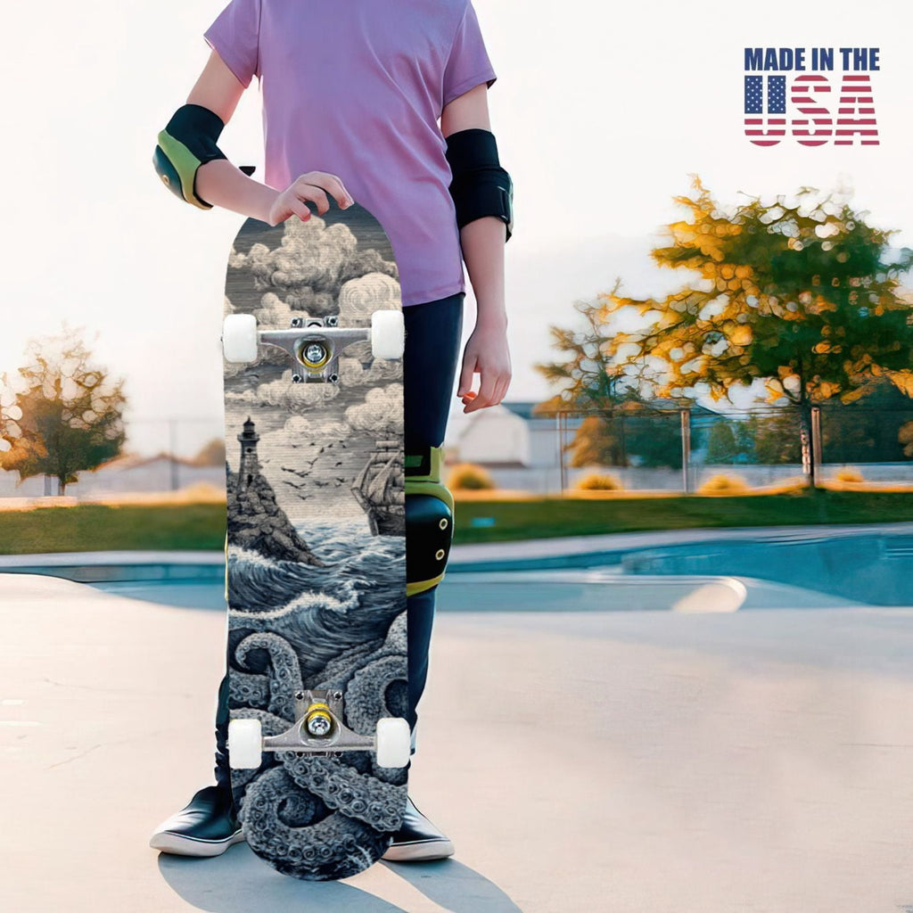 31"x8" Complete Skateboards for Beginners, Blue Deep Sea Sailing Ship Octopus Lighthouse Clouds Ocean Double Kick 7 Ply Canadian Maple Deck Skateboard with Wheels, Gifts for Kids Teens