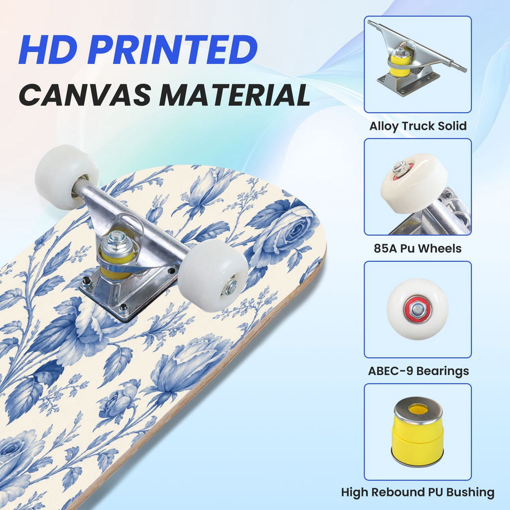 31"x8" Complete Skateboards for Beginners,Elegant White Blue Flowers Soft Petals Dreamy Artistic Double Kick 7 Ply Canadian Maple Deck Skateboard with Wheels, Gifts for Kids Teens