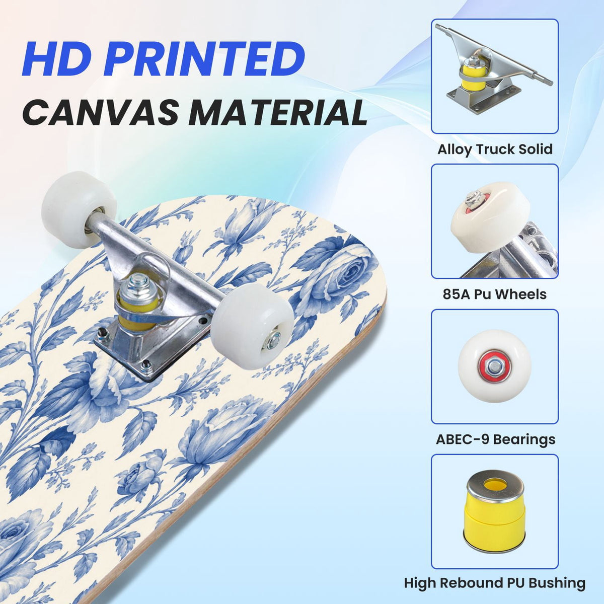 31"x8" Complete Skateboards for Beginners,Elegant White Blue Flowers Soft Petals Dreamy Artistic Double Kick 7 Ply Canadian Maple Deck Skateboard with Wheels, Gifts for Kids Teens