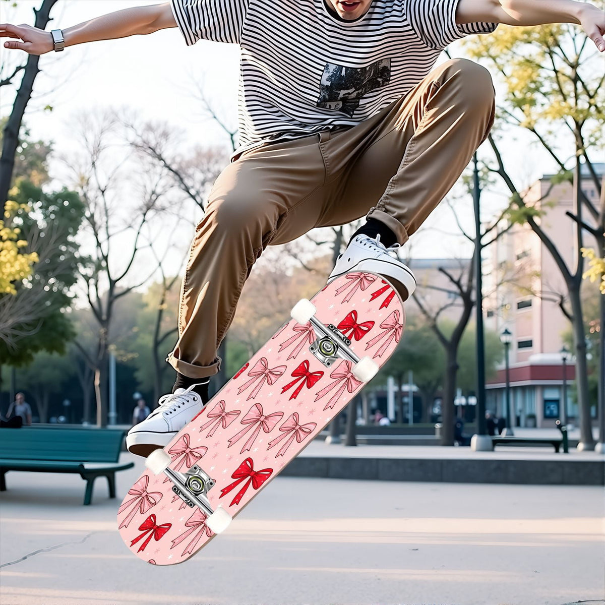 31"x8" Complete Skateboards for Beginners, Pink Bow Heart Vertical Stripes Romantic Double Kick 7 Ply Canadian Maple Deck Skateboard with Wheels, Gifts for Kids Teens