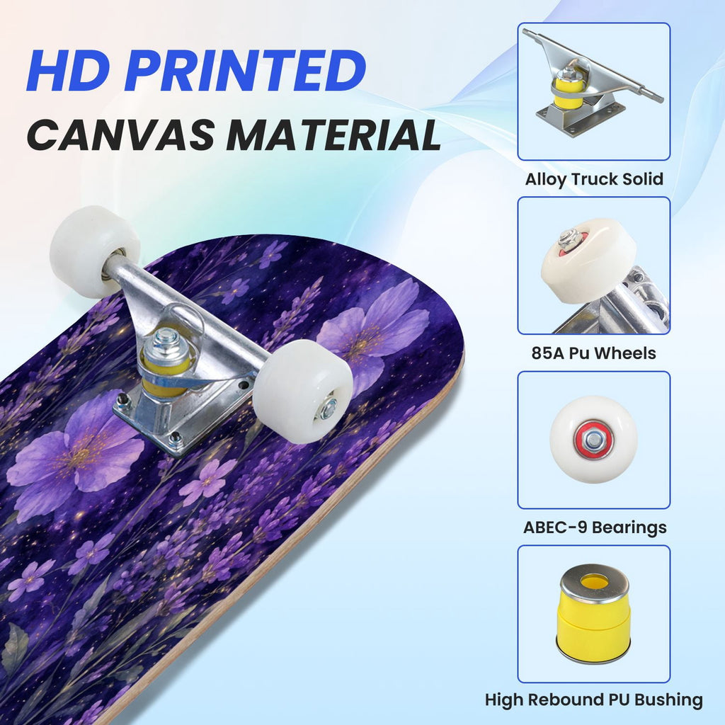 31"x8" Complete Skateboards for Beginners, Purple White Cosmos Flowers Butterflies Watercolor Double Kick 7 Ply Canadian Maple Deck Skateboard with Wheels, Gifts for Kids Teens