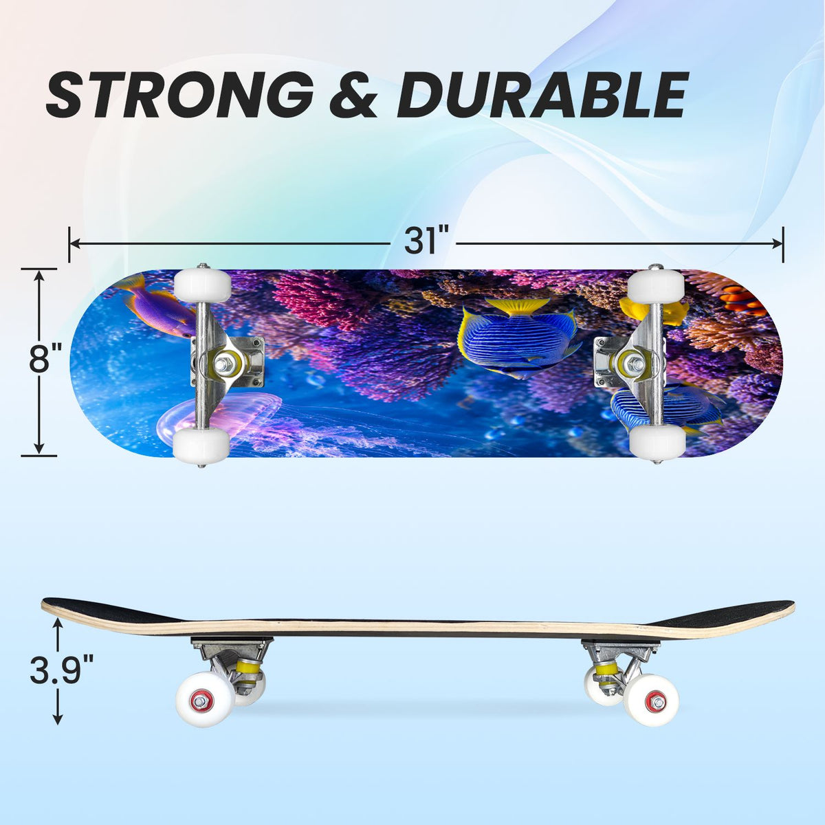31"x8" Complete Skateboards for Beginners, Colorful Underwater Two Seahorses Coral Reefs Double Kick 7 Ply Canadian Maple Deck Skateboard with Wheels, Gifts for Kids Teens