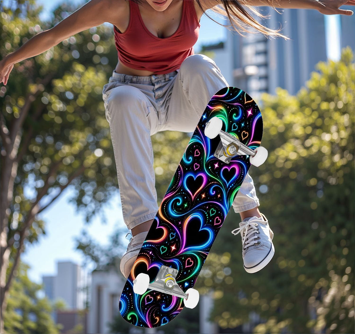 Complete Skateboard Colorful Heart Swirls 31 Inch 7-Ply Maple Skateboard with PU Wheels and Aluminum Trucks, Ready-to-Ride Skateboard for Beginners, Teens and Adults
