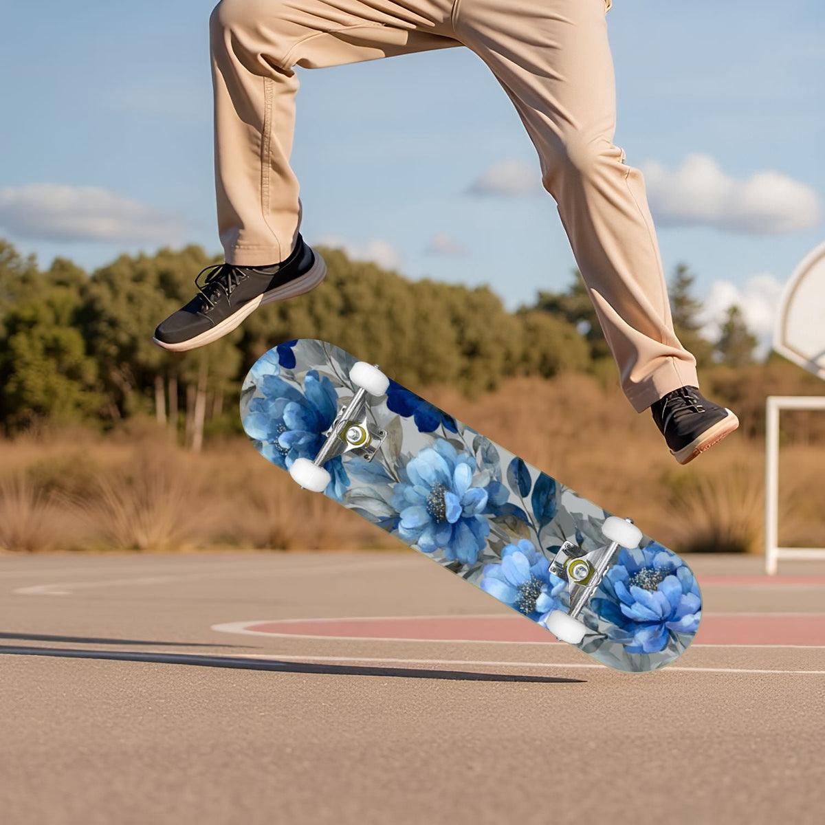 Watercolor Floral Shades Blue Grey Leaves 31" x 8" Complete Skateboard, 7-Ply Canadian Maple Double Kick Trick Board for Kids and Beginners Adult Gifts