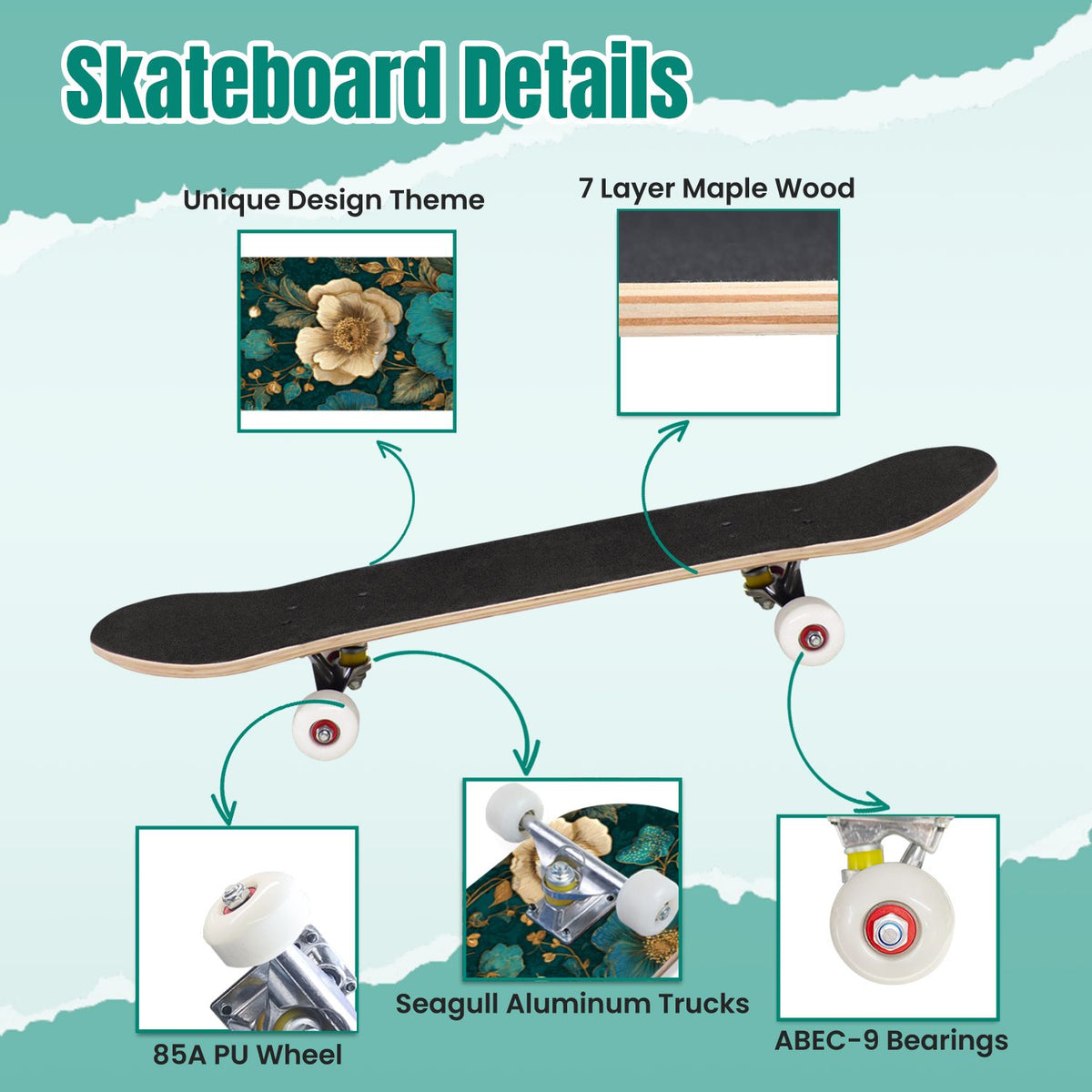 Vintage Floral Bird Sepia Tones 31" x 8" Complete Skateboard, 7-Ply Canadian Maple Double Kick Trick Board for Kids and Beginners Adult Gifts