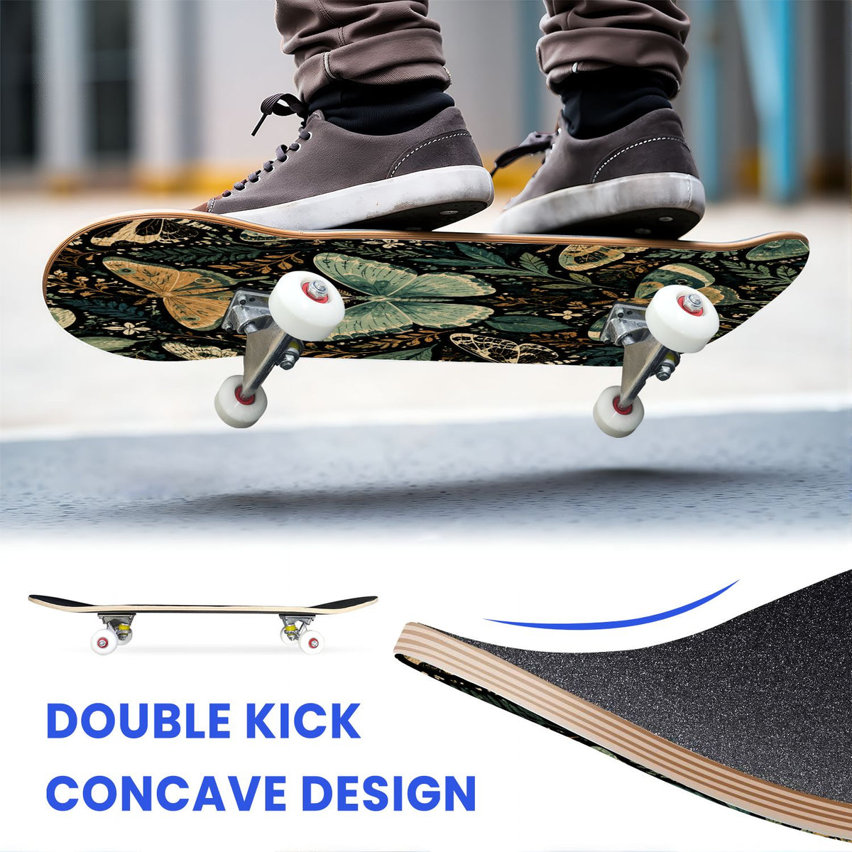 31"x8" Complete Skateboards for Beginners, Butterfly Garden Vintage Botanical Motifs Dark Green Teal Double Kick 7 Ply Canadian Maple Deck Skateboard with Wheels, Gifts for Kids Teens