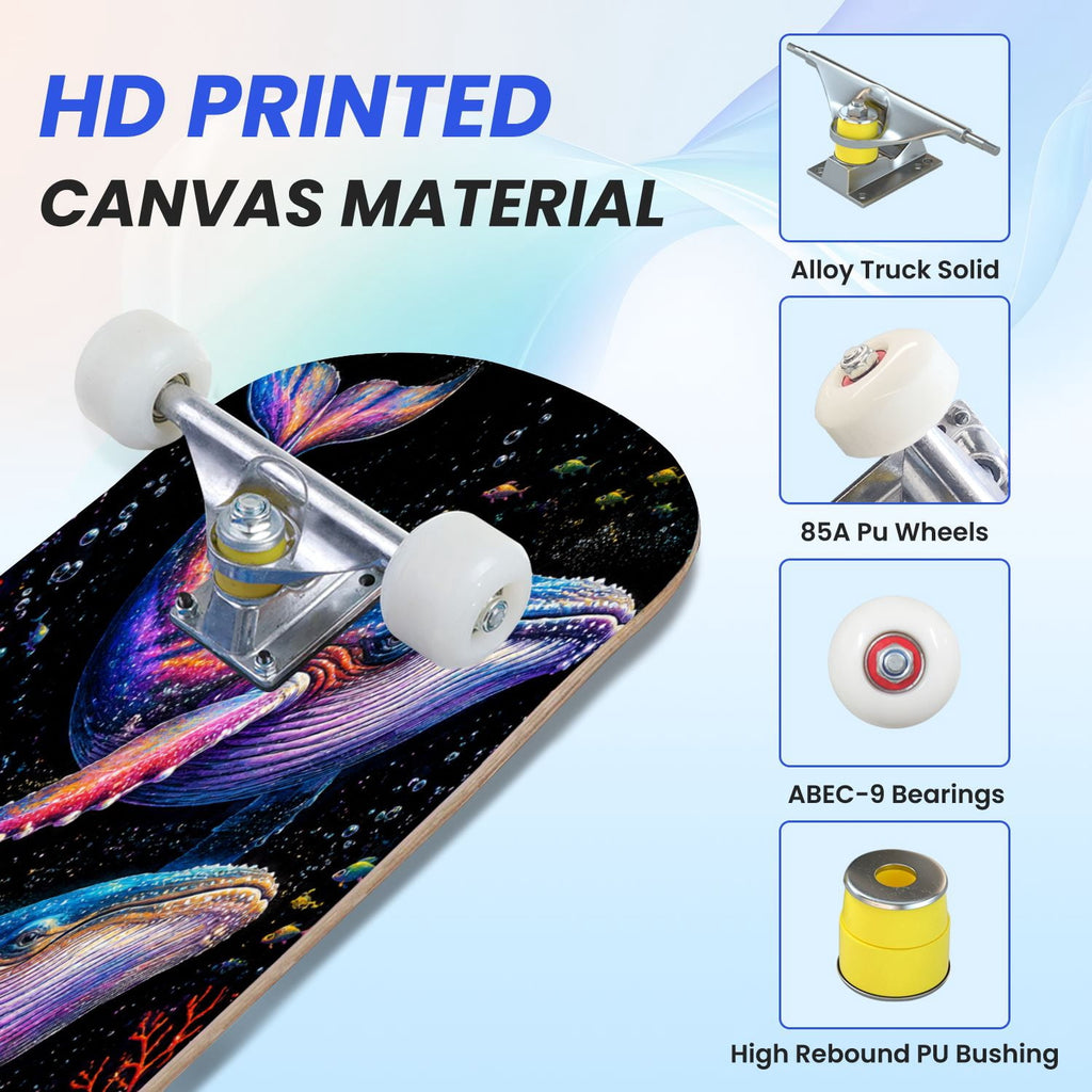31"x8" Complete Skateboards for Beginners, Colorful Underwater Two Seahorses Coral Reefs Double Kick 7 Ply Canadian Maple Deck Skateboard with Wheels, Gifts for Kids Teens