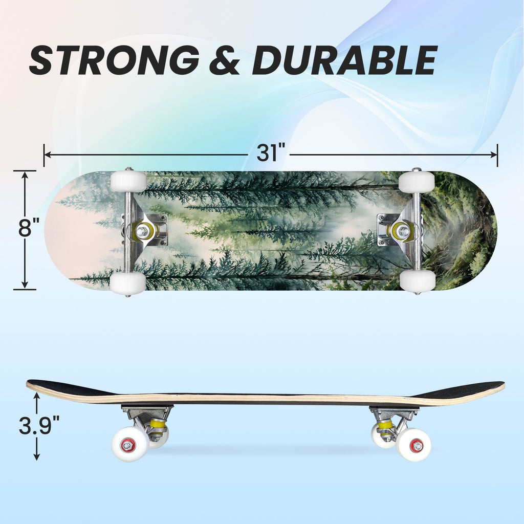 31"x8" Complete Skateboards for Beginners, Blue Deep Sea Sailing Ship Octopus Lighthouse Clouds Ocean Double Kick 7 Ply Canadian Maple Deck Skateboard with Wheels, Gifts for Kids Teens