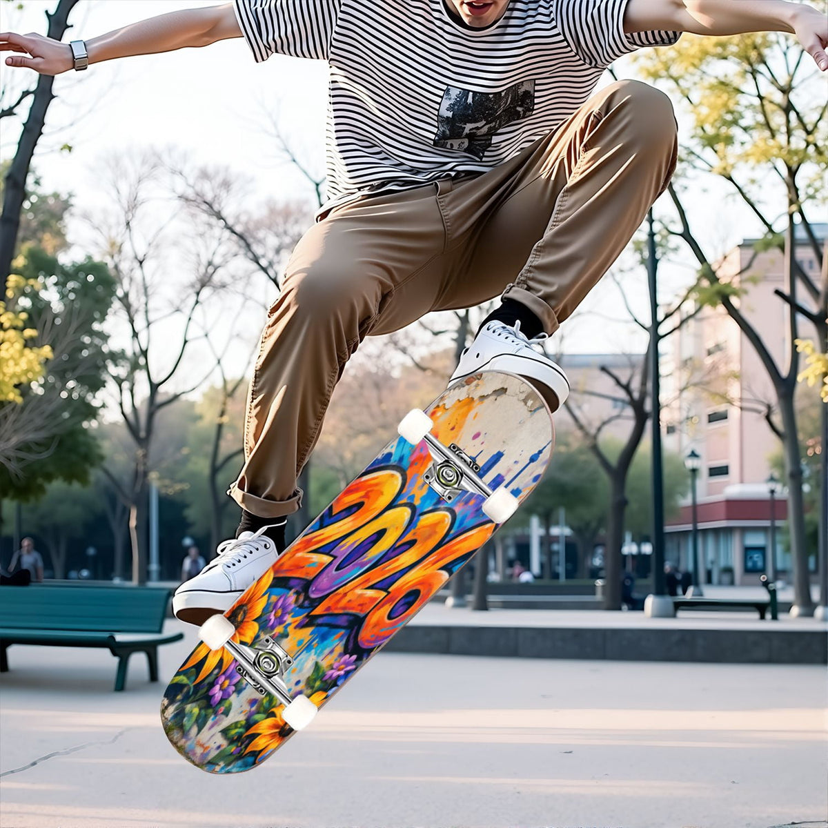 Complete Skateboard Vibrant Multicolored Abstract 31 Inch 7-Ply Maple Skateboard with PU Wheels and Aluminum Trucks, Ready-to-Ride Skateboard for Beginners, Teens and Adults