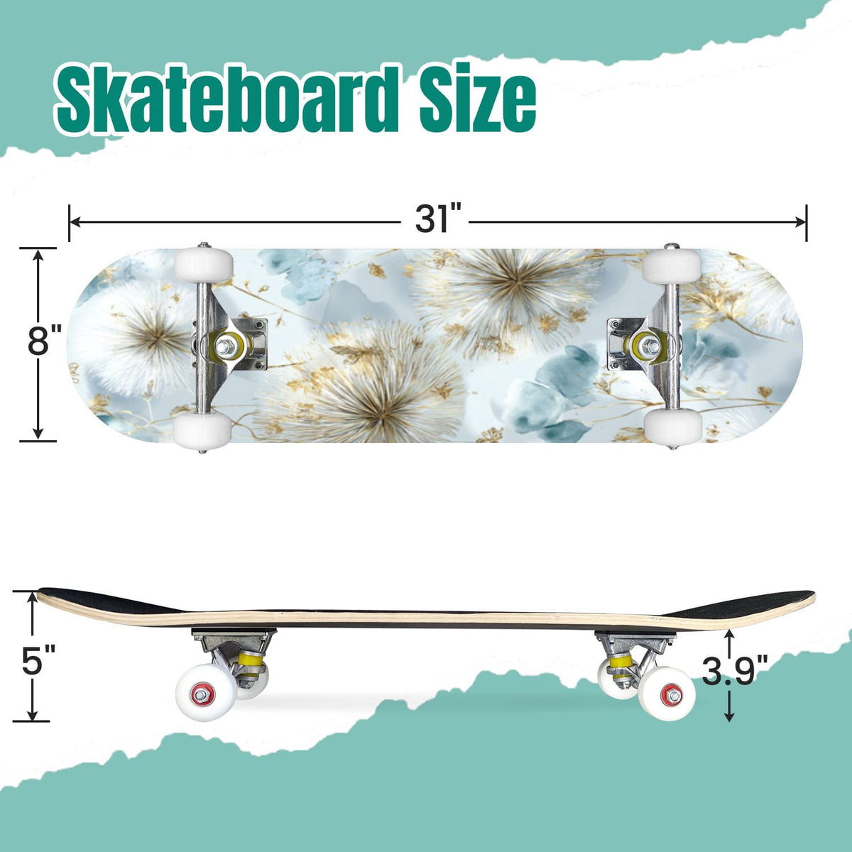 Vintage Damask Light Blue Brown Tones 31" x 8" Complete Skateboard, 7-Ply Canadian Maple Double Kick Trick Board for Kids and Beginners Adult Gifts