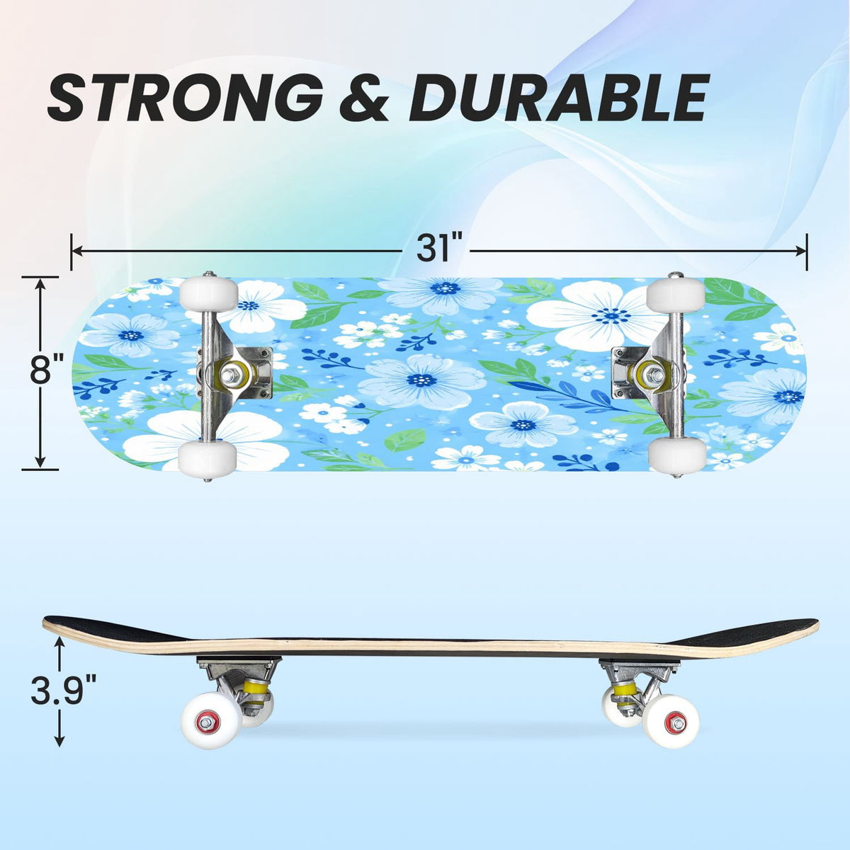 31"x8" Complete Skateboards for Beginners,Elegant White Blue Flowers Soft Petals Dreamy Artistic Double Kick 7 Ply Canadian Maple Deck Skateboard with Wheels, Gifts for Kids Teens